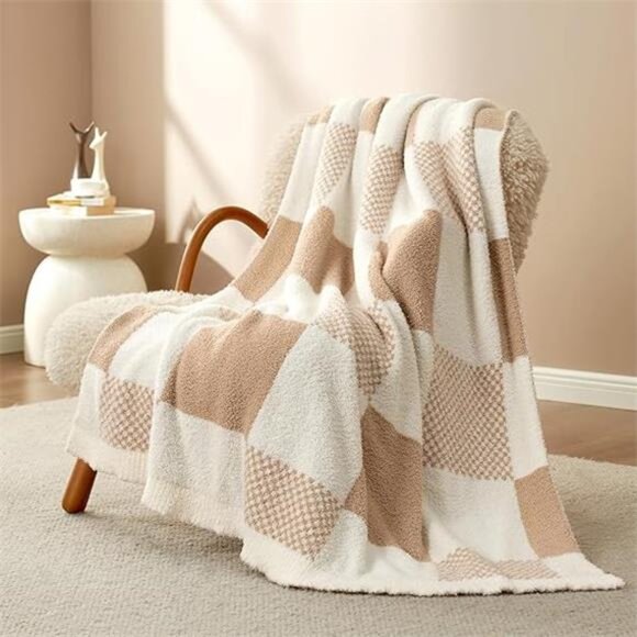 Checkered Blanket, Beige Throw Blanket for Couch Plaid Microfiber Fluffy Warm - Picture 7 of 7
